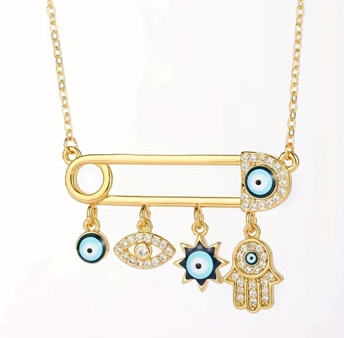 Goldene Nazar Schutz Halskette mit Sicherheitsnadel & Charms