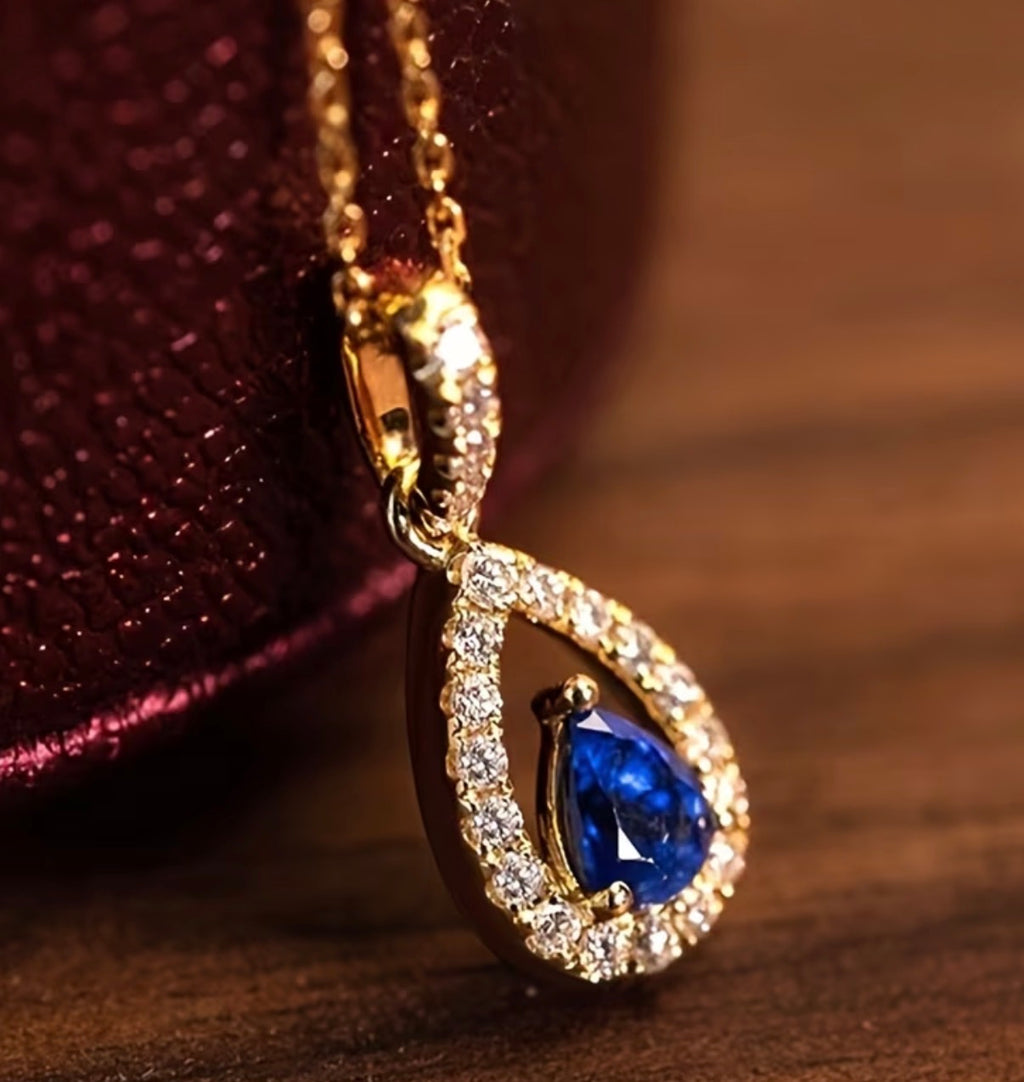 Elegante Tropfen Halskette mit blauem Kristall – Gold Damen Kette